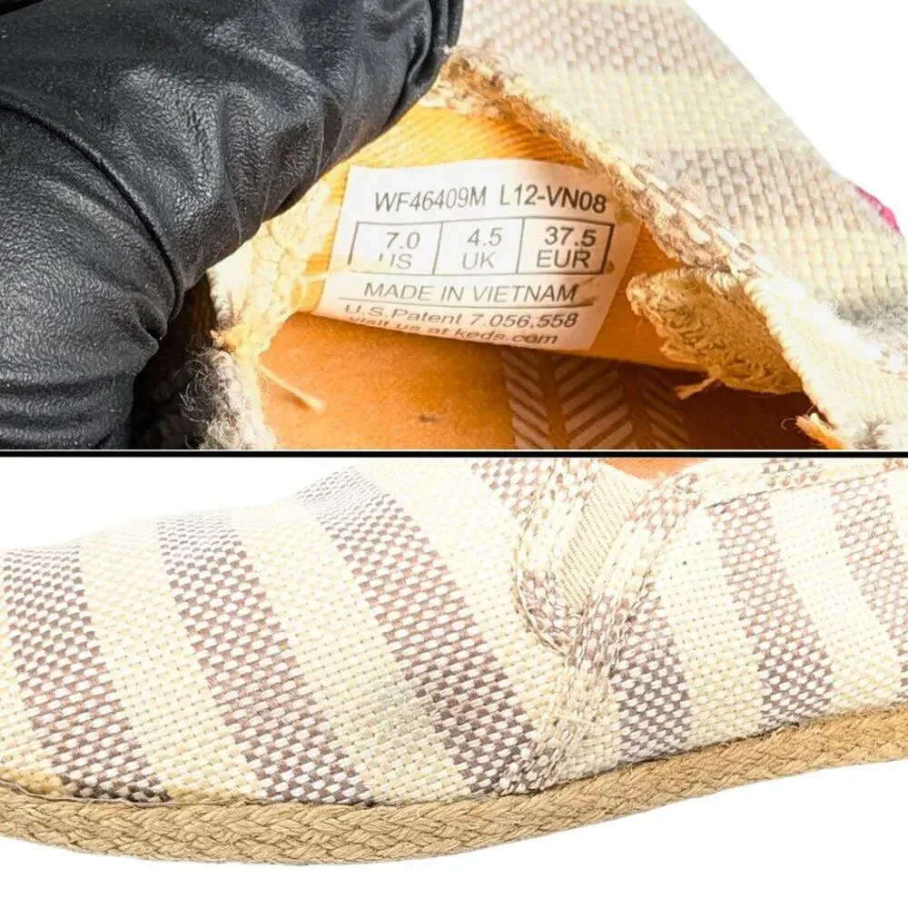 Keds Women's 7 Twin Jute Cream Gray Stripe Slip On Espadrille Flats